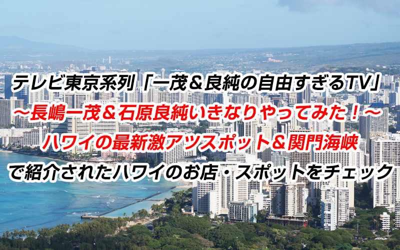 テレビ東京系列「一茂＆良純の自由すぎるTV｜長嶋一茂＆石原良純いきなりやってみた！ハワイの最新激アツスポット＆関門海峡」で紹介されたハワイのお店・スポットをチェック